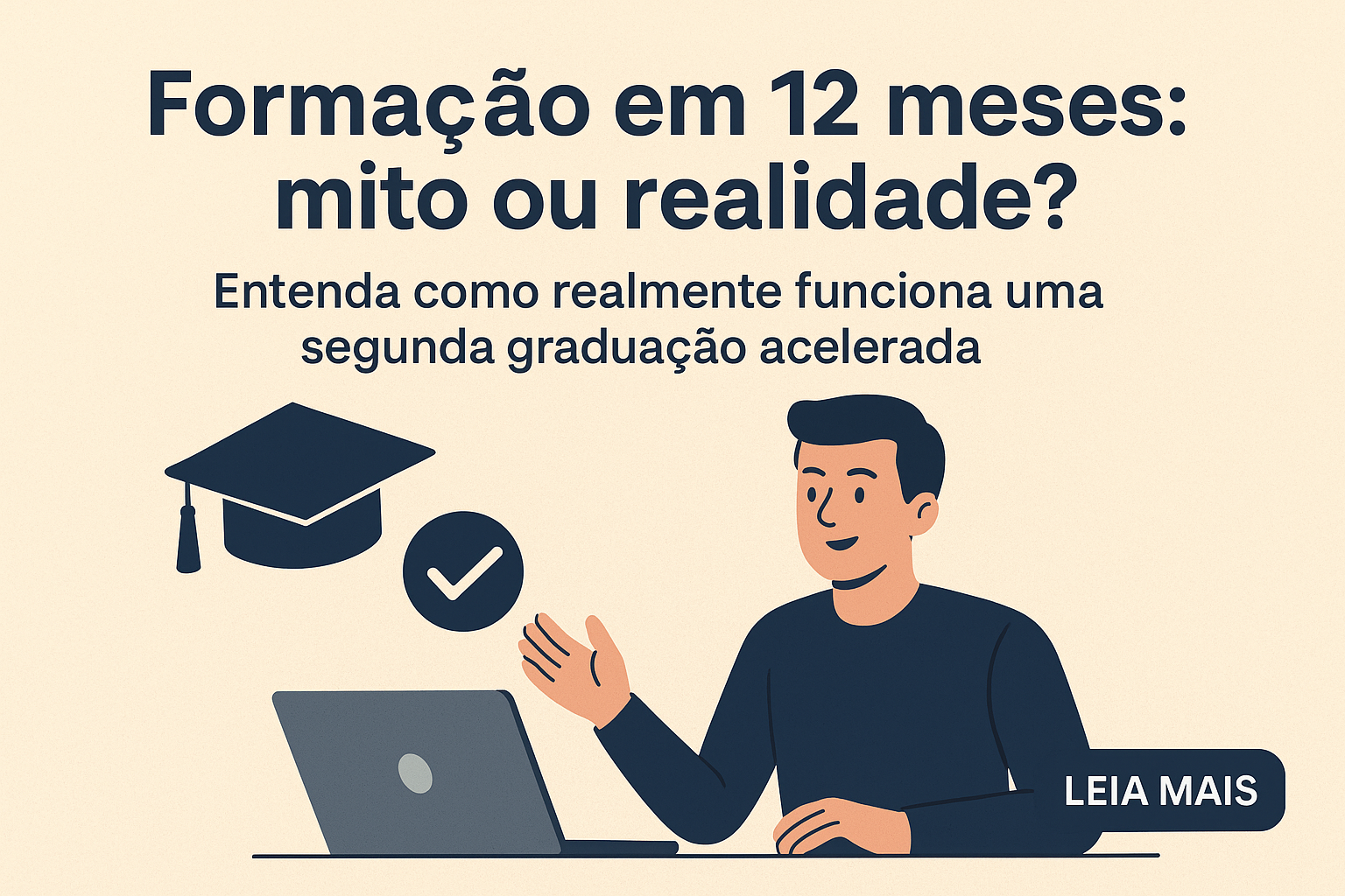 Ilustração mostrando estudante em frente ao notebook com ícones acadêmicos, representando o tema formação em 12 meses e segunda graduação acelerada.