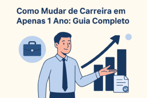 Ilustração profissional representando mudança de carreira e evolução profissional em 1 ano.