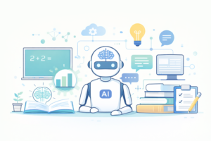 Ilustração sobre inteligência artificial auxiliando professores no processo educacional