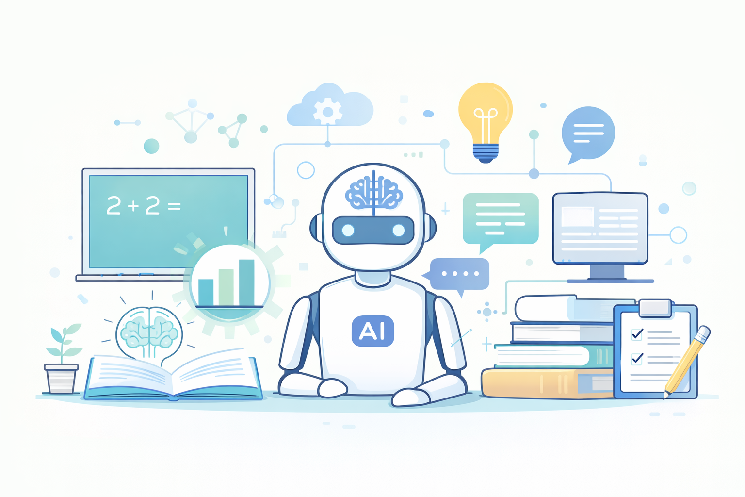 Ilustração sobre inteligência artificial auxiliando professores no processo educacional