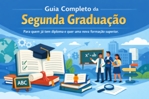 Ilustração digital educacional representando a segunda graduação, com livros, diploma, capelo de formatura e profissionais em ambiente acadêmico, simbolizando nova formação superior para quem já tem diploma.