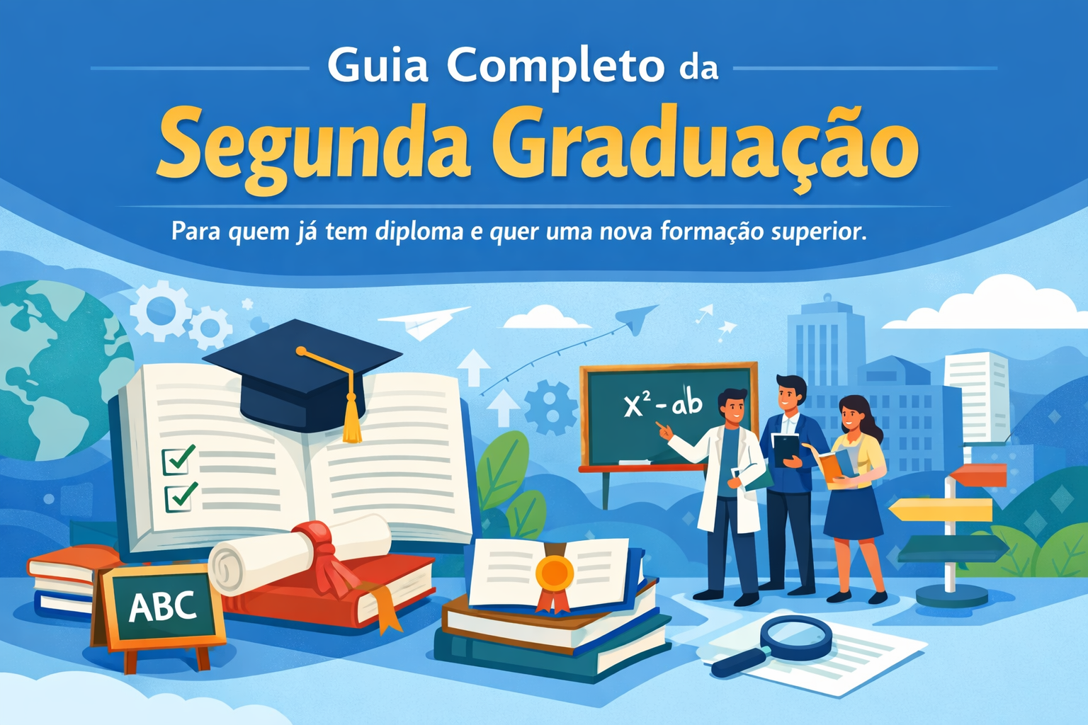 Ilustração digital educacional representando a segunda graduação, com livros, diploma, capelo de formatura e profissionais em ambiente acadêmico, simbolizando nova formação superior para quem já tem diploma.