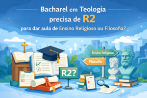 Ilustração digital educacional representando bacharel em teologia avaliando a necessidade de R2 para atuar como professor.
