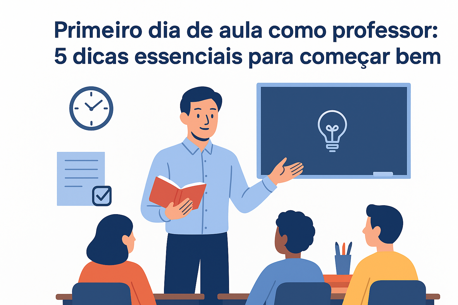 Ilustração de um professor iniciando sua primeira aula, com alunos em sala de aula e elementos educacionais que representam preparação, organização e ensino.