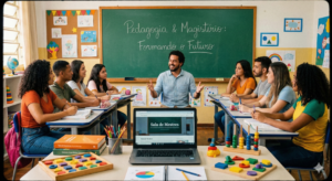 Descrição: Uma foto de uma sala de aula de formação de professores, com um professor em pé no centro gesticulando para um grupo de alunos sentados ao redor de mesas em formato de "U". Atrás dele, um quadro negro com as palavras "Pedagogia & Magistério: Formando o Futuro". No primeiro plano, um notebook aberto mostra a tela "Sala de Mestres". Materiais educativos como livros, lápis de cor e blocos lógicos estão sobre as mesas.